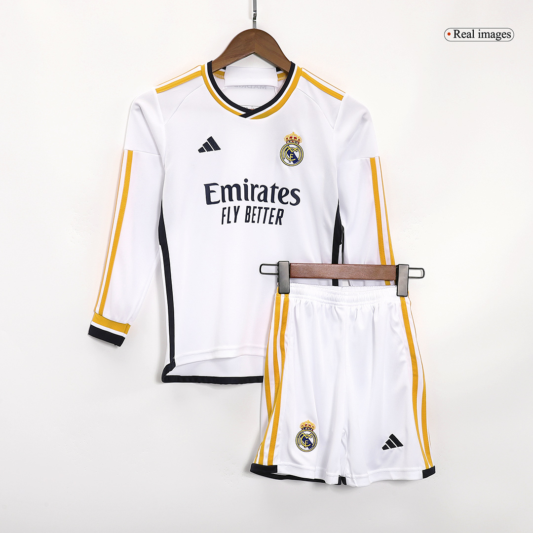 6b59db8636dd1d9a47c5ac5079b50d4b.jpg Real Madrid Home Long Sleeve Kids Soccer Jerseys Kit 2023/24 - Image 1